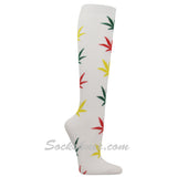 Women's Rasta Color Marijuana Weed Leaf White Knee High Fashion Socks