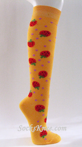 Womens Golden Yellow Knee Socks with Strawberries