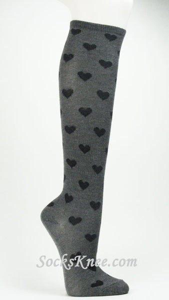 Womens Gray knee high socks with Black hearts