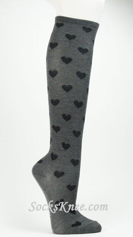 Womens Gray knee high socks with Black hearts