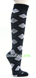 Women's Navy with White & Grayish Dark Olive Green Argyle Sock