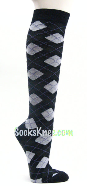 Women's Navy with White & Grayish Dark Olive Green Argyle Sock