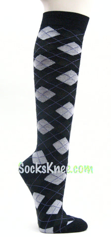 Women's Navy with White & Grayish Dark Olive Green Argyle Sock