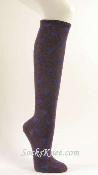 Womens Purple knee high socks with Violet hearts