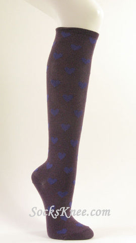 Womens Purple knee high socks with Violet hearts
