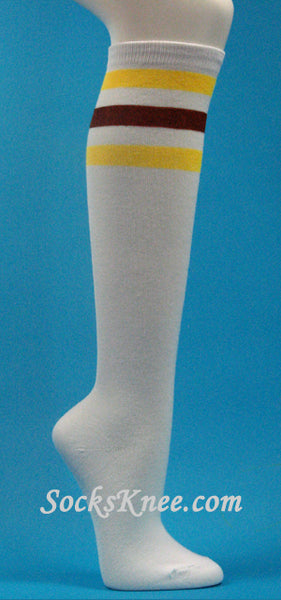 Yellow Brown 3line stripes on White knee high socks for Women