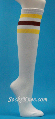 Yellow Brown 3line stripes on White knee high socks for Women