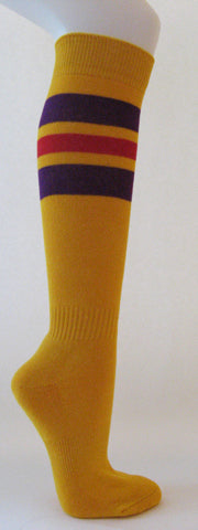 Golden yellow cotton knee socks purple red striped