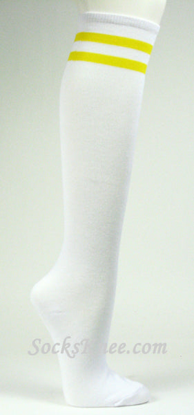 2 Yellow Striped White Knee Socks for Women