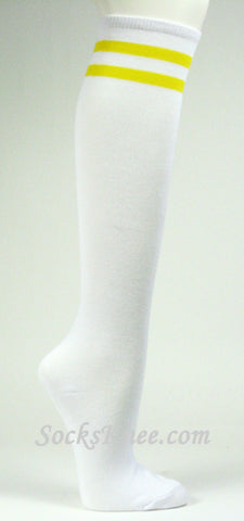 2 Yellow Striped White Knee Socks for Women