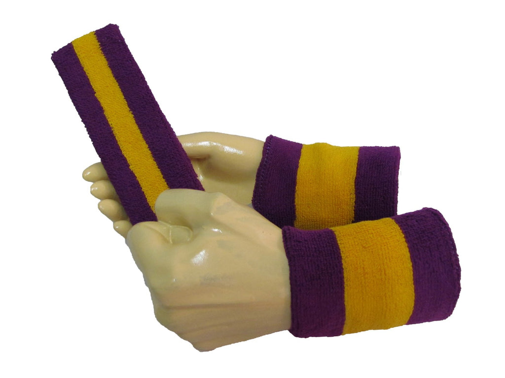 COUVER 2 Color Striped Terry Cotton Sports Headband Wristband Set